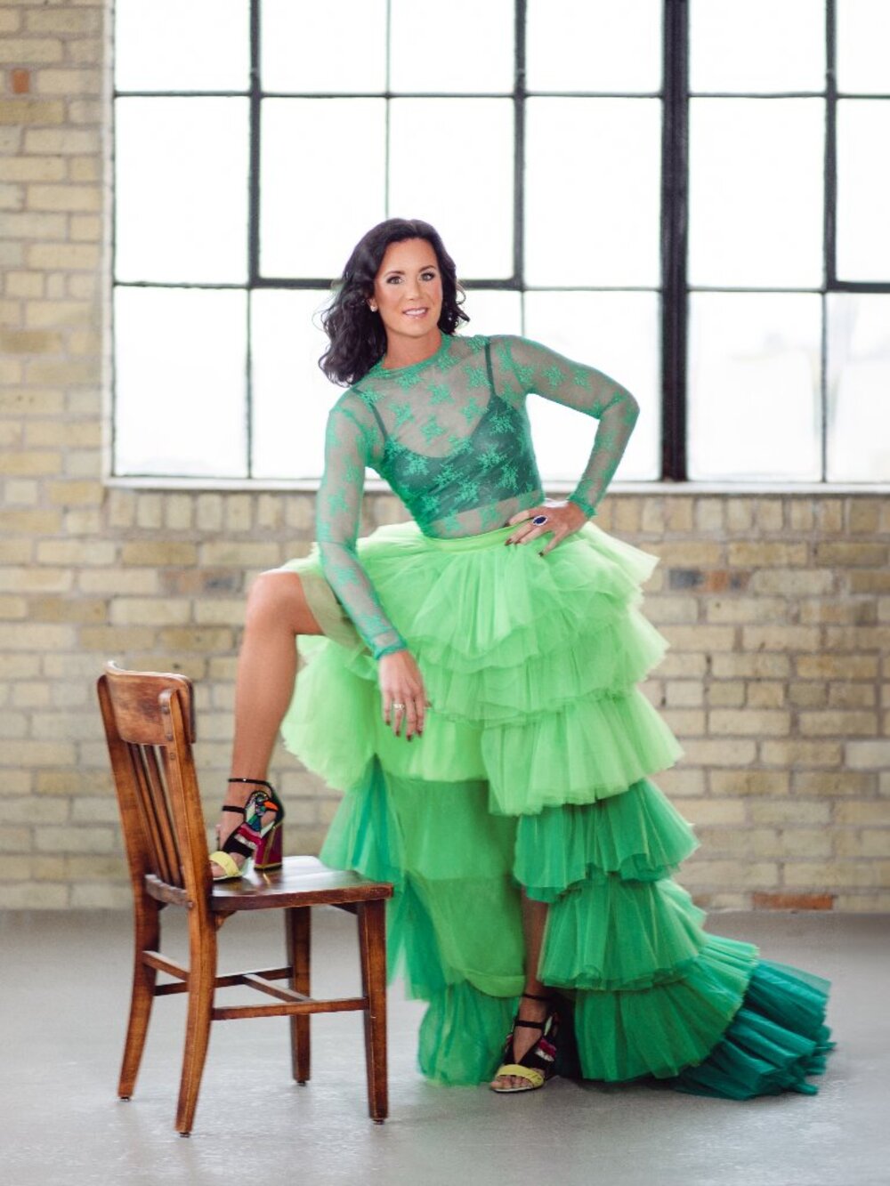 Women's Custom Green Hi-low tiered ruffle skirt size S